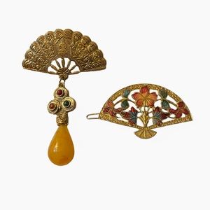 Gold Tone & Enamel Fan Design Chandelier Brooch & Barrette Pair